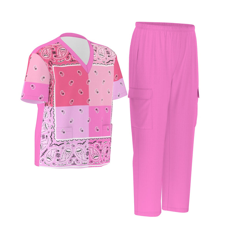 Scrubs - 4 Pink Square Bandana Scrubs w Bottoms