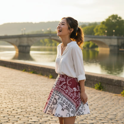 A beautiful women standing on a waterfront with a bridge in the background. She is wearing the paisley motif bandana skirt that is maroon and White, with both white and Black bandana on it. 