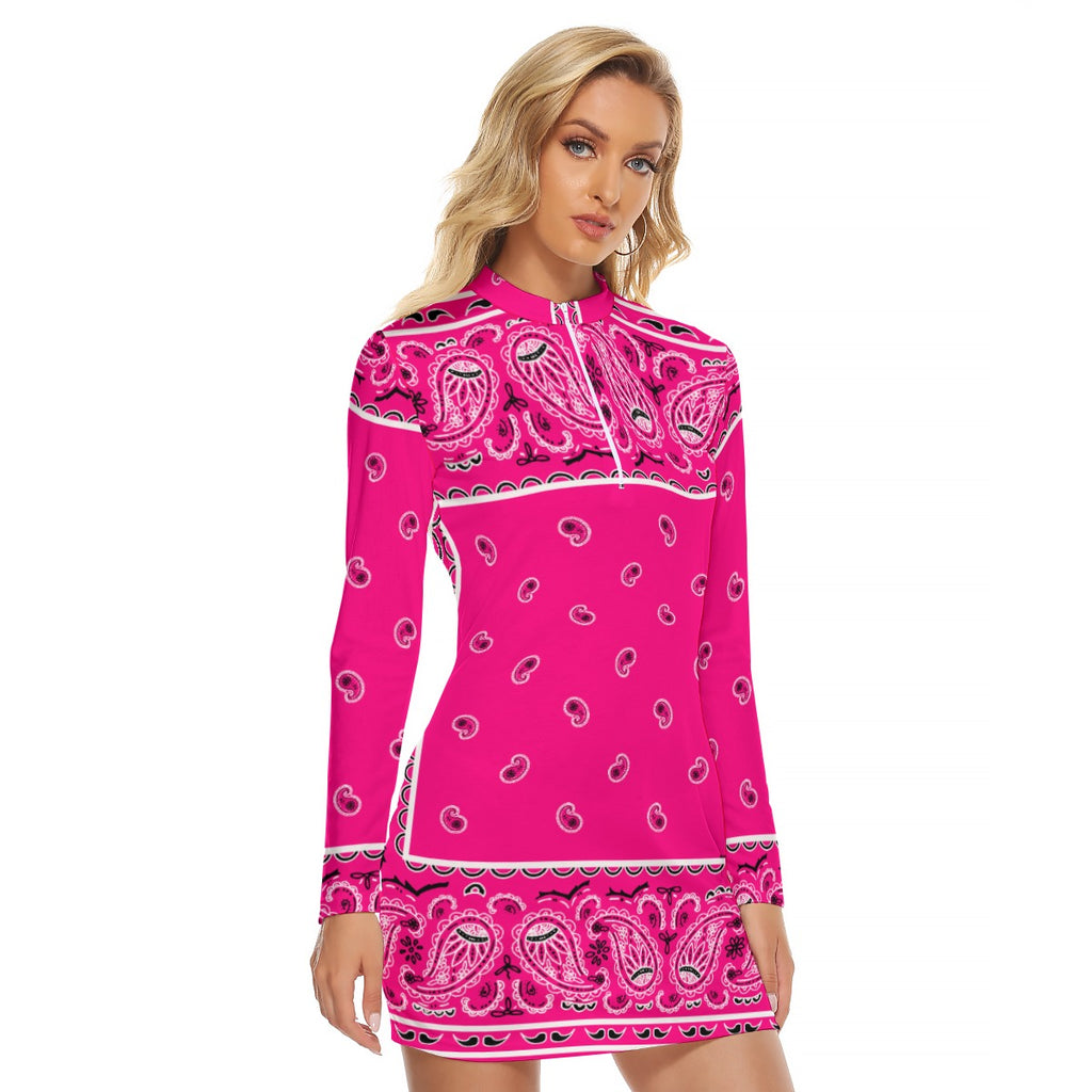 Zip Front Bandana Dress - Hot Pink