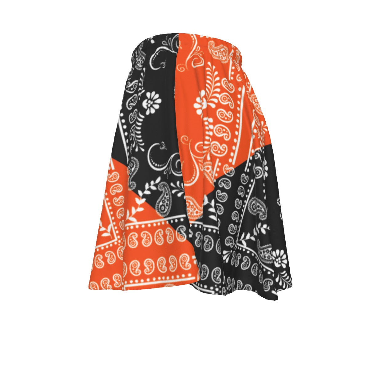 A bandana pattern Skirt with black, orange, and white paisley patterns on a white background.