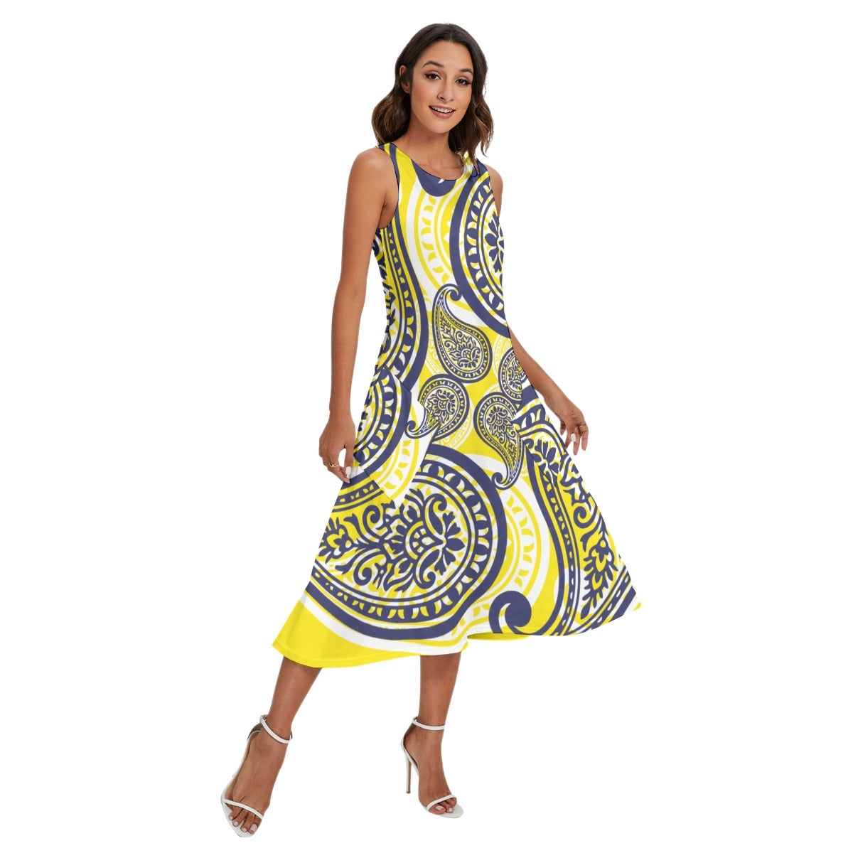 Yellow Blue Women's Dress With Pockets