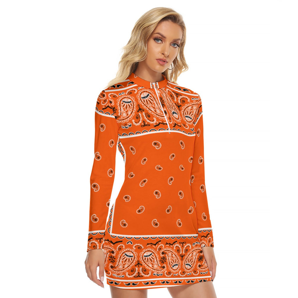 Zip Front Bandana Dress - Bright Orange