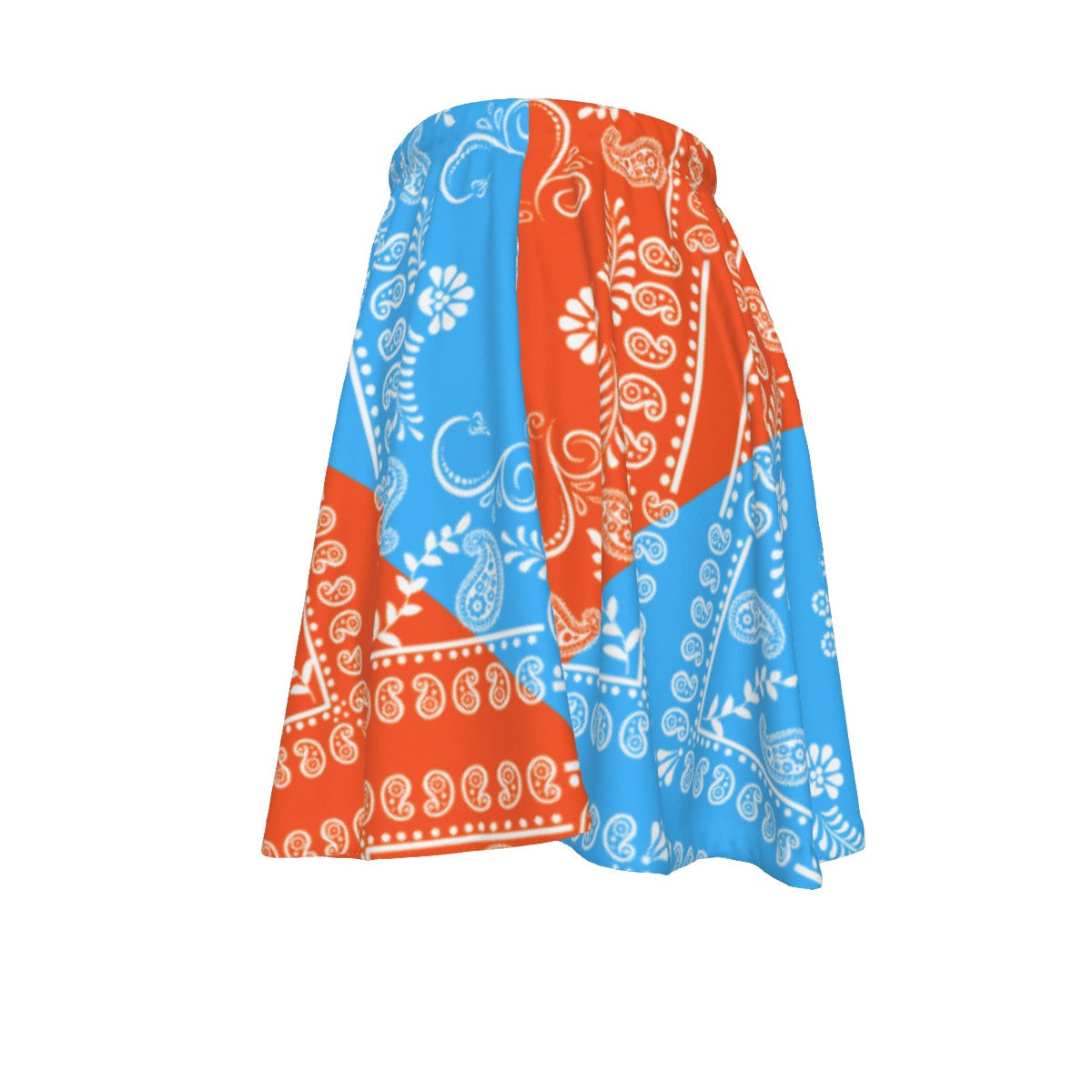 Blue and orange strapless top with white paisley pattern on a white background