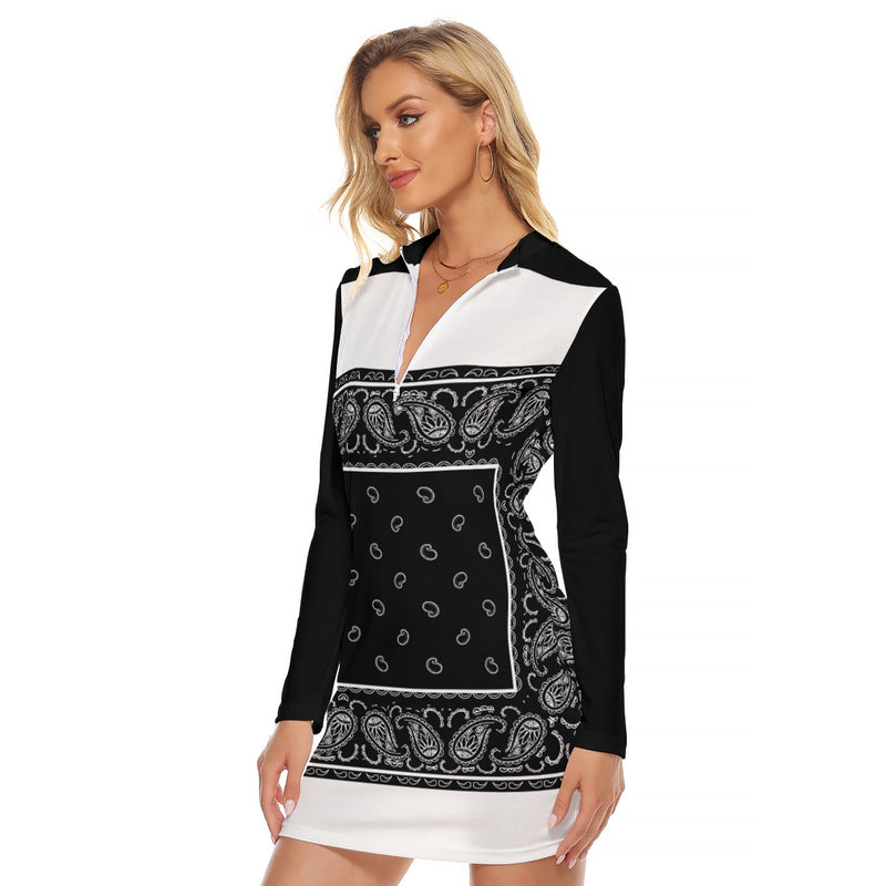 Zip Front Black and White Bandana Dress