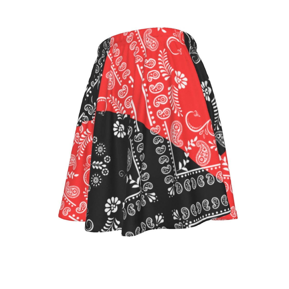 A red and black paisley motif skirt with a white background.