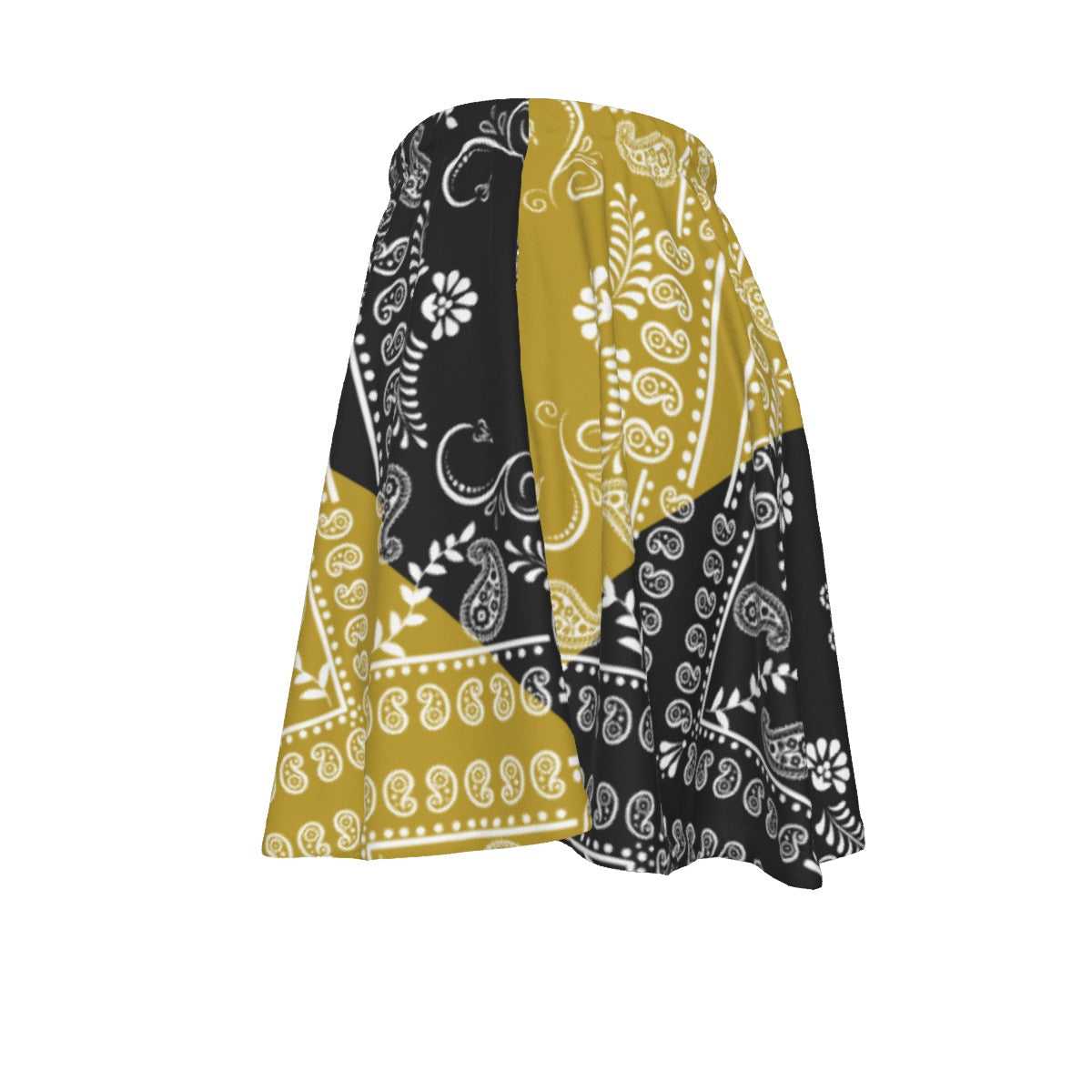 Skirt with black, gold, and white paisley pattern on a white background