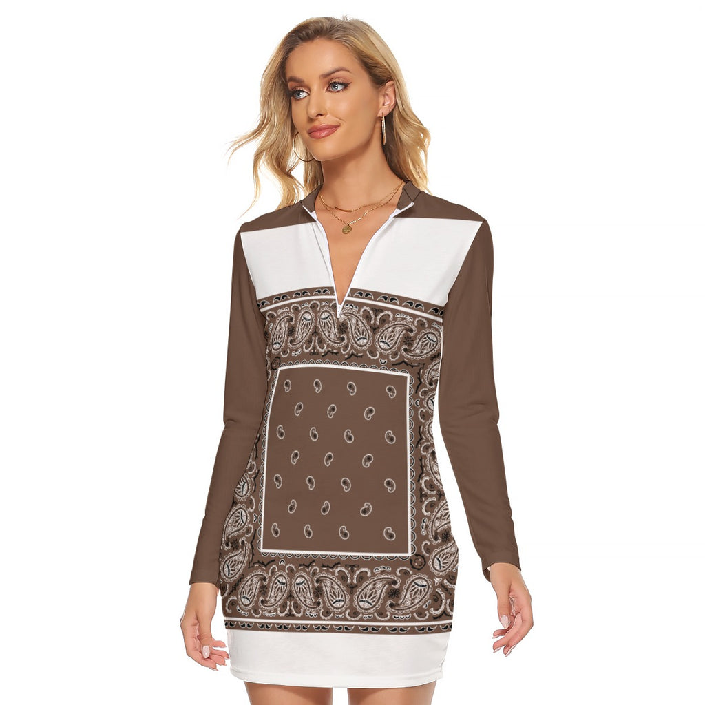 Zip Front Coffee and White Bandana  Dress