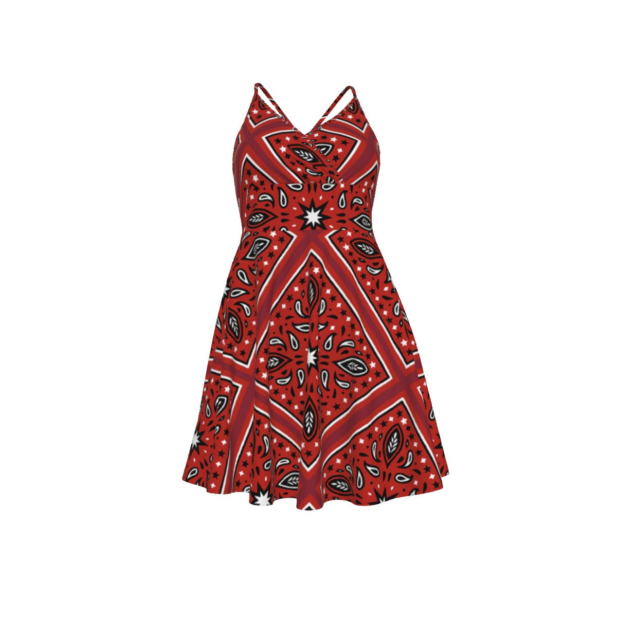 The front view of the Red patterned dress on a white background
