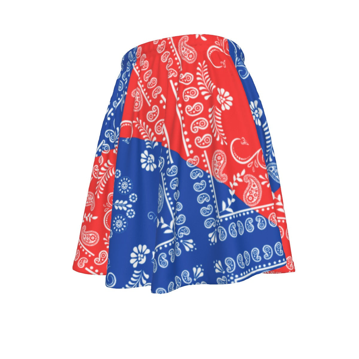 Skirt with red and blue paisley pattern on a white background