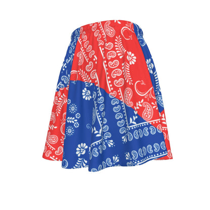Skirt with red and blue paisley pattern on a white background
