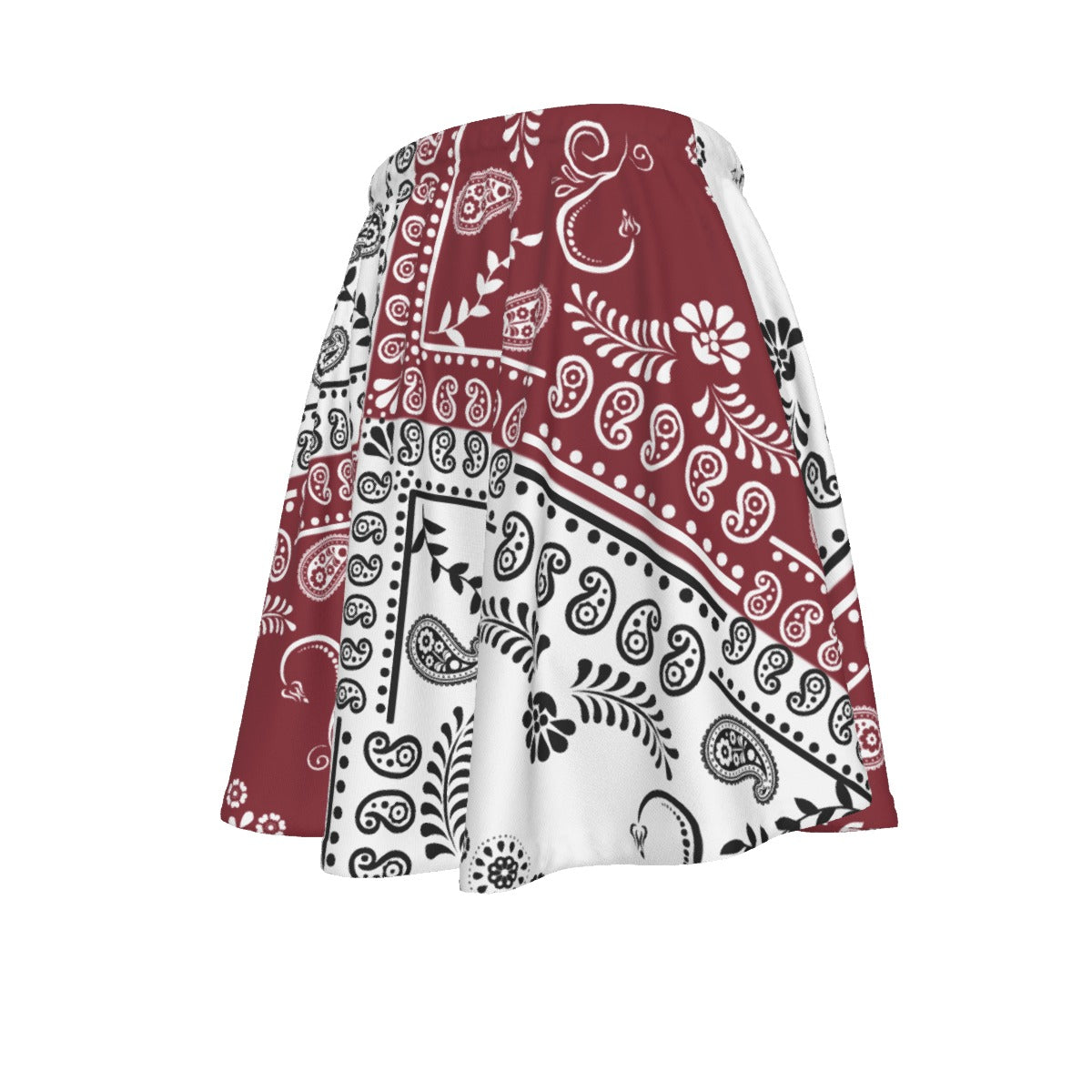 Skirt with maroon, white, and black paisley pattern on a white background