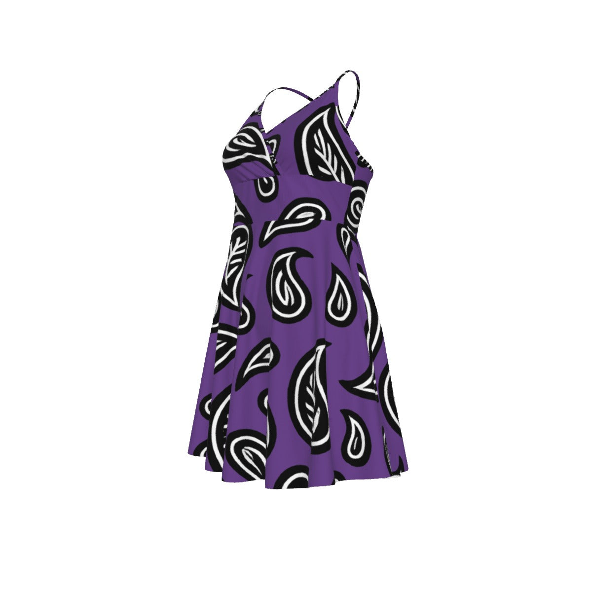 Purple dress with black and white pattern on a white background
