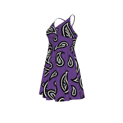 Purple dress with black and white pattern on a white background