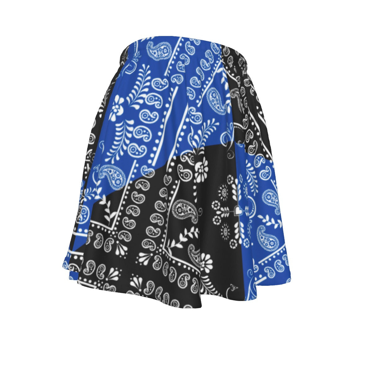 Blue and black patterned wrap skirt on a white background