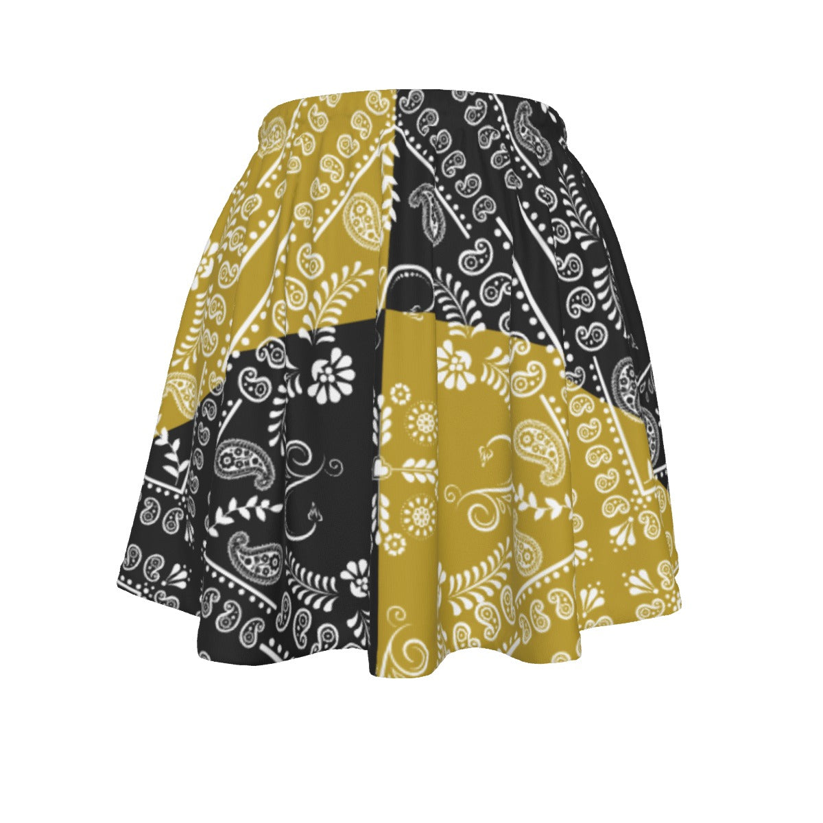 Skirt with black, gold, and white paisley pattern on a white background
