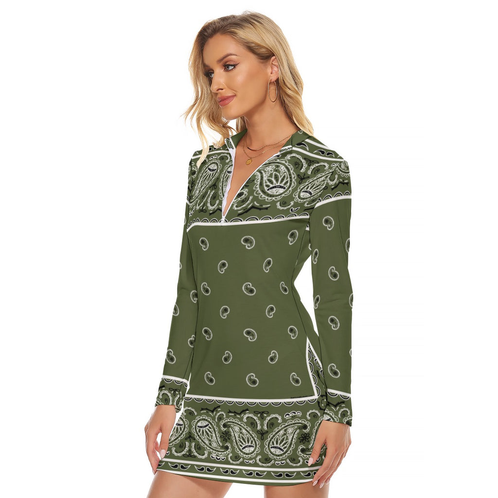 Zip Front Bandana Dress - Army Green