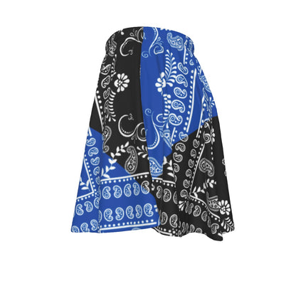 Black and blue patterned strapless top on a white background