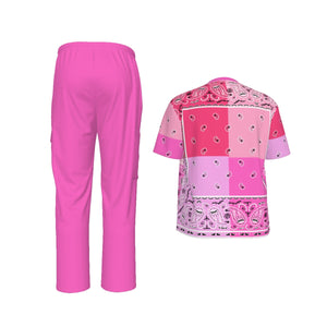 Scrubs - 4 Pink Square Bandana Scrubs w Bottoms