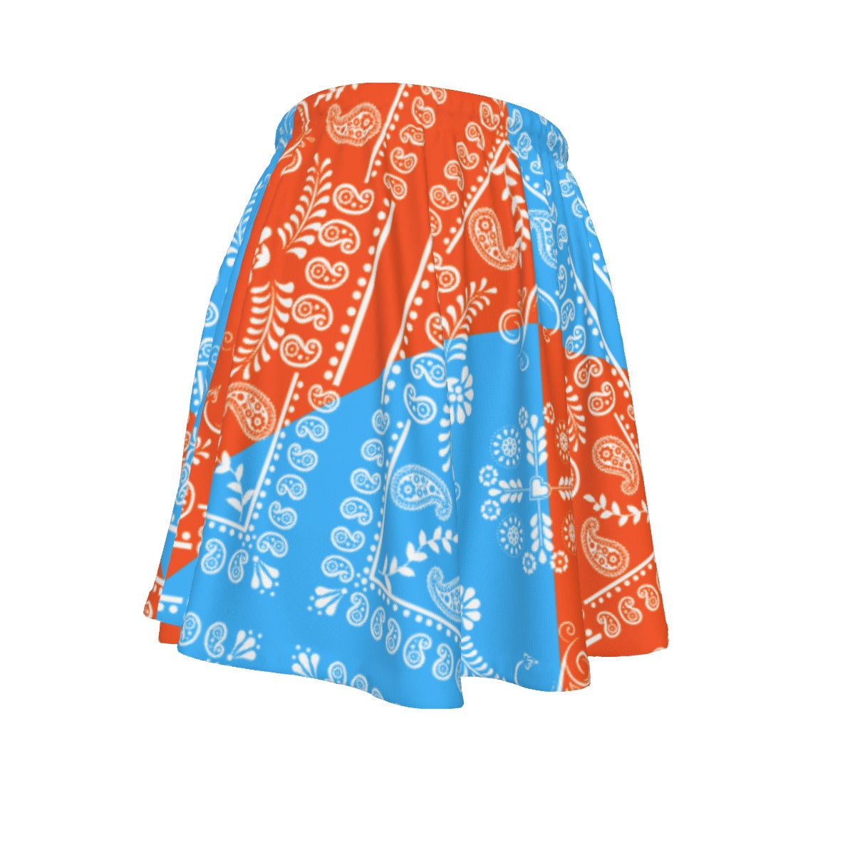 Two-piece dress with orange and blue paisley pattern on a white background