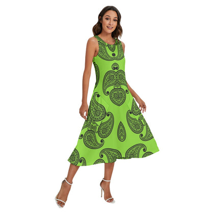 Women's Green Paisley Sleeveless Dress With Pockets