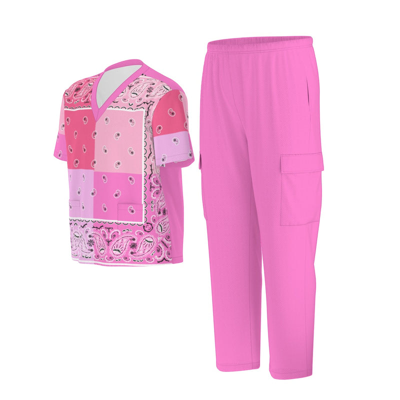 Scrubs - 4 Pink Square Bandana Scrubs w Bottoms