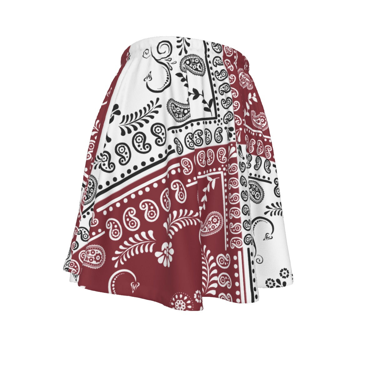 Skirt with maroon, white, and black paisley pattern on a white background
