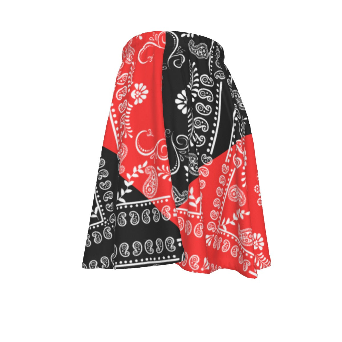 A red and Black paisley bandana motif on a white background.