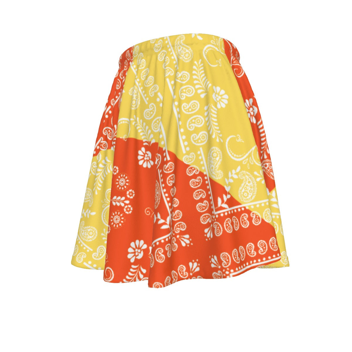 Skirt with red and yellow pattern on a white background