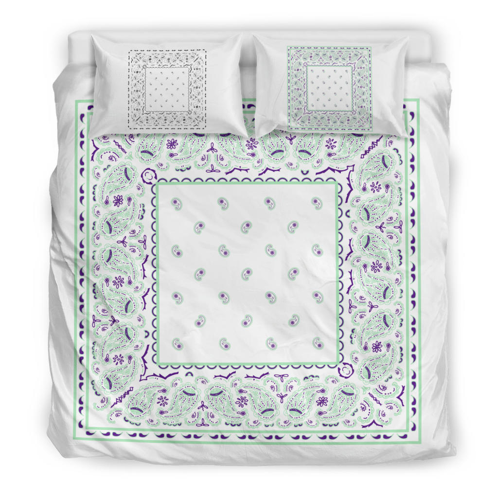 Duvet Cover Set  - White and Minty Green Bandana