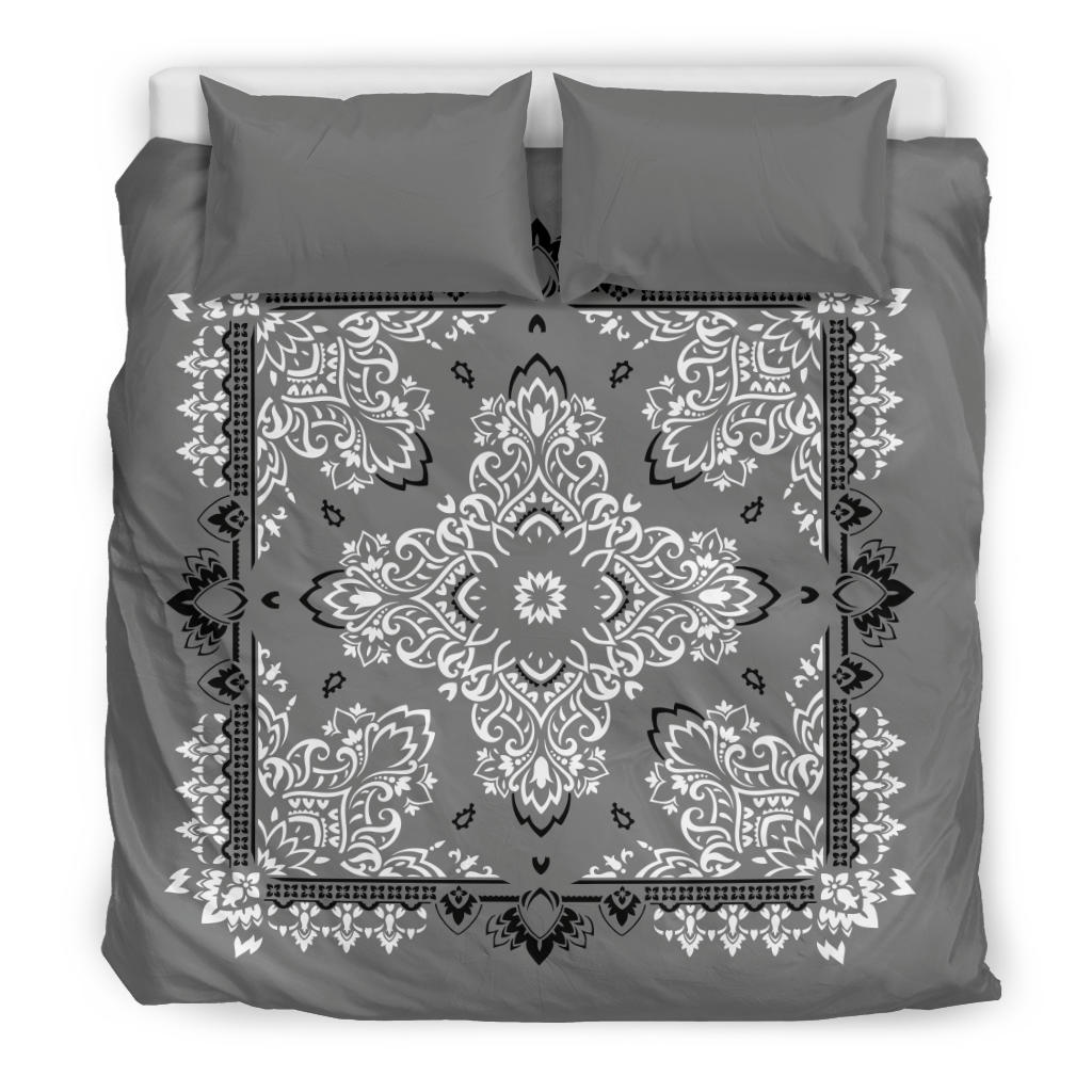 D2 Duvet Cover Set - Gray Black White Bandana w Shams