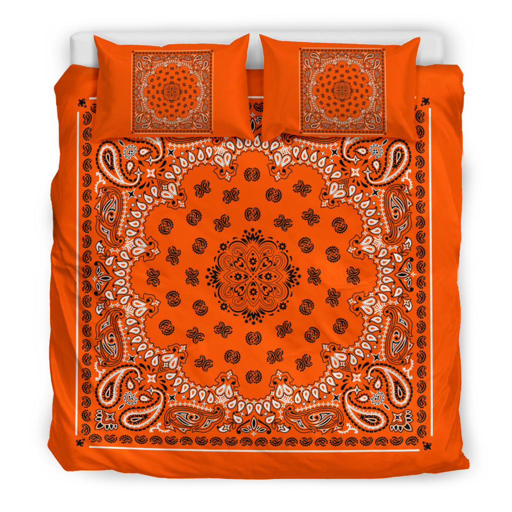 D4 Duvet Cover Set - Bright Orange Traditional Bandana w Shams