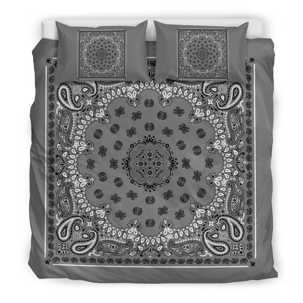 D4 Duvet Cover Set - Traditional Gray Bandana w Shams