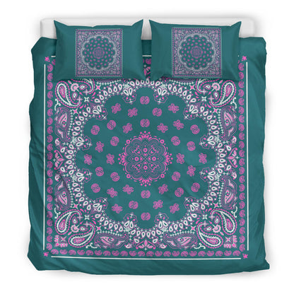 D4 Duvet Cover Set - Pine and Pink Bandana w Shams