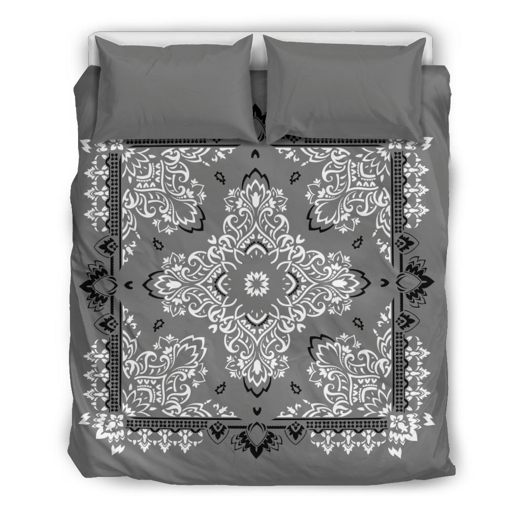 D2 Duvet Cover Set - Gray Black White Bandana w Shams