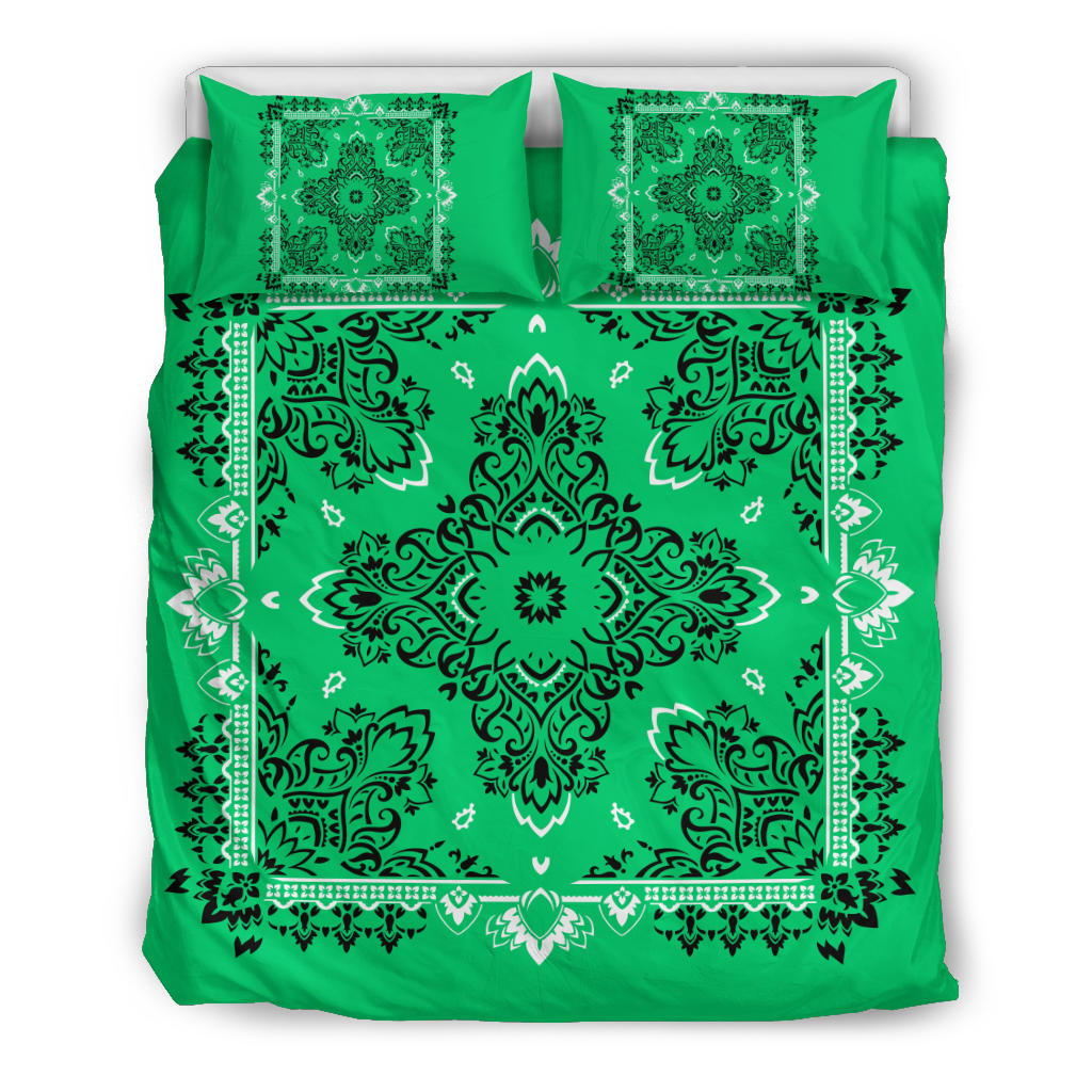 D2 Duvet Cover Set - Traditional Green Bandana w Shams