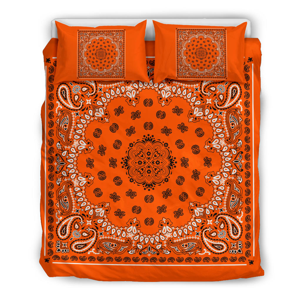 D4 Duvet Cover Set - Bright Orange Traditional Bandana w Shams