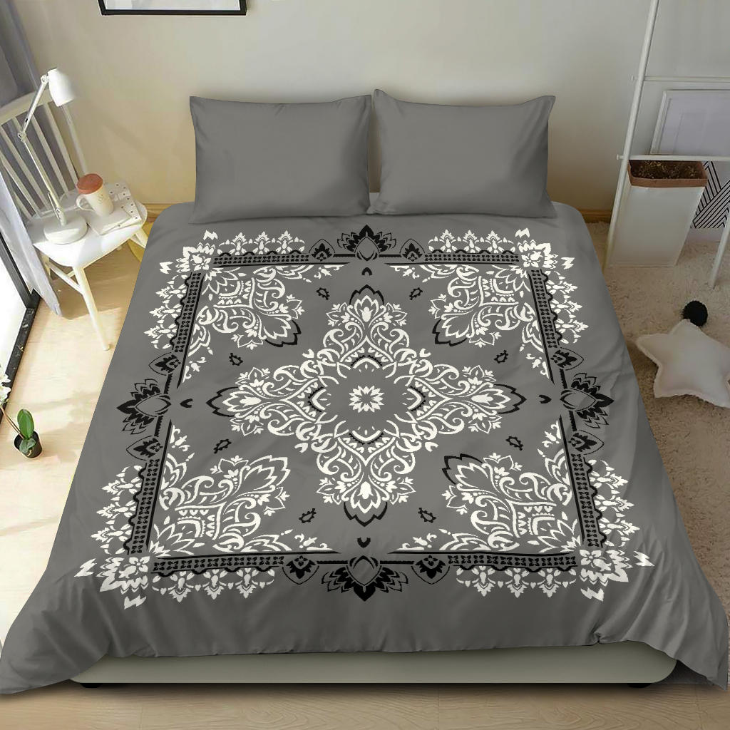 D2 Duvet Cover Set - Gray Black White Bandana w Shams