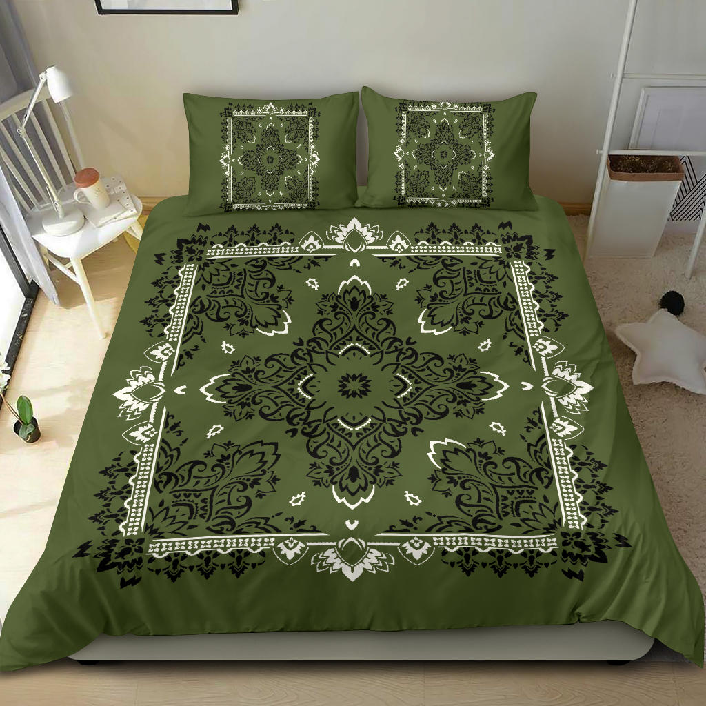 D2 Duvet Cover Set - Army Green Traditional Bandana w Shams