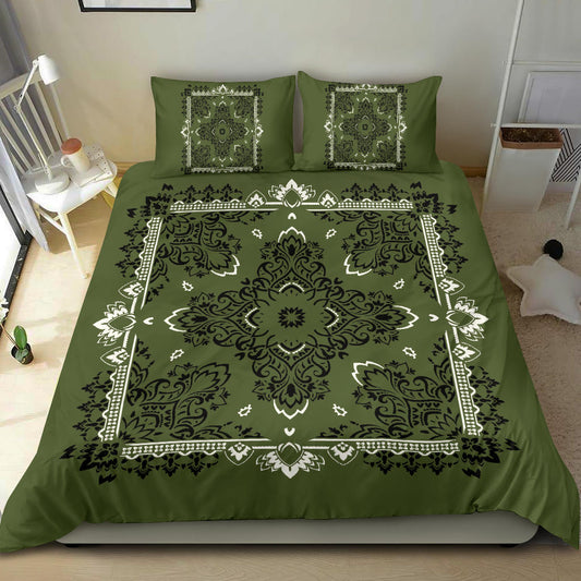 D2 Duvet Cover Set - Army Green Traditional Bandana w Shams