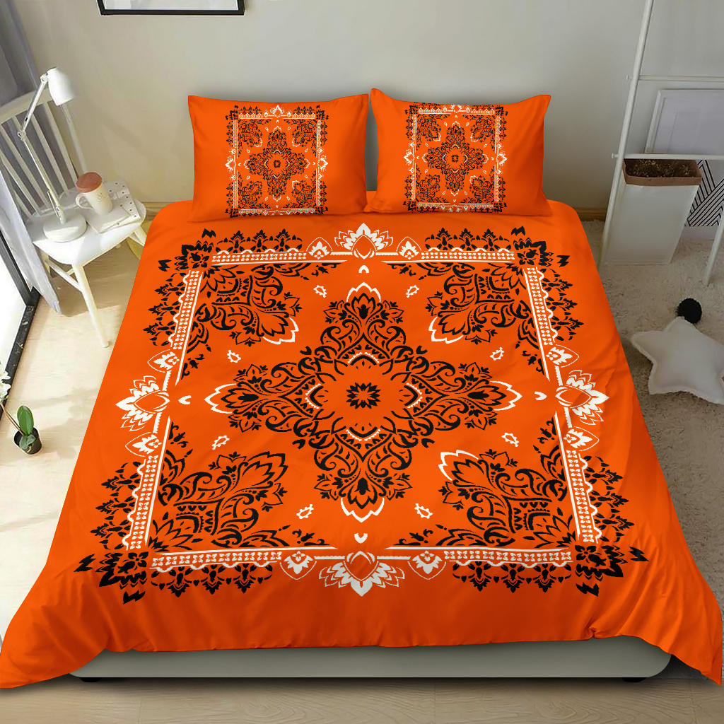 D2 Duvet Cover Set - Traditonal Bandana Bright Orange w Shams
