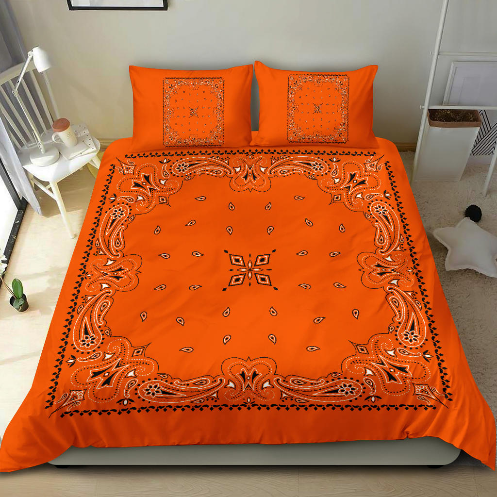 D3 Duvet Cover Set - Bright Orange Traditional Bandana w Shams