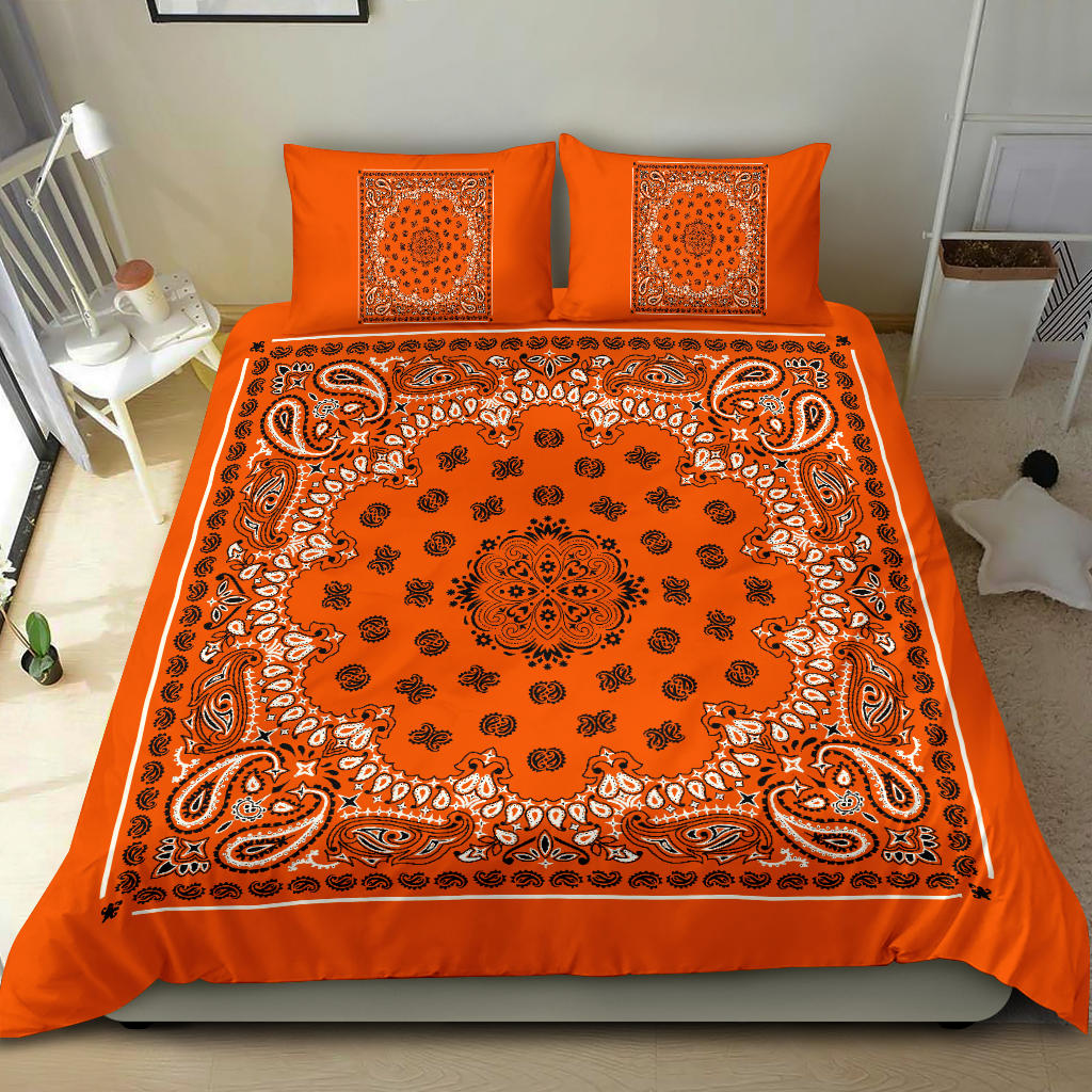 D4 Duvet Cover Set - Bright Orange Traditional Bandana w Shams