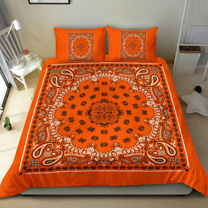 D4 Duvet Cover Set - Bright Orange Traditional Bandana w Shams