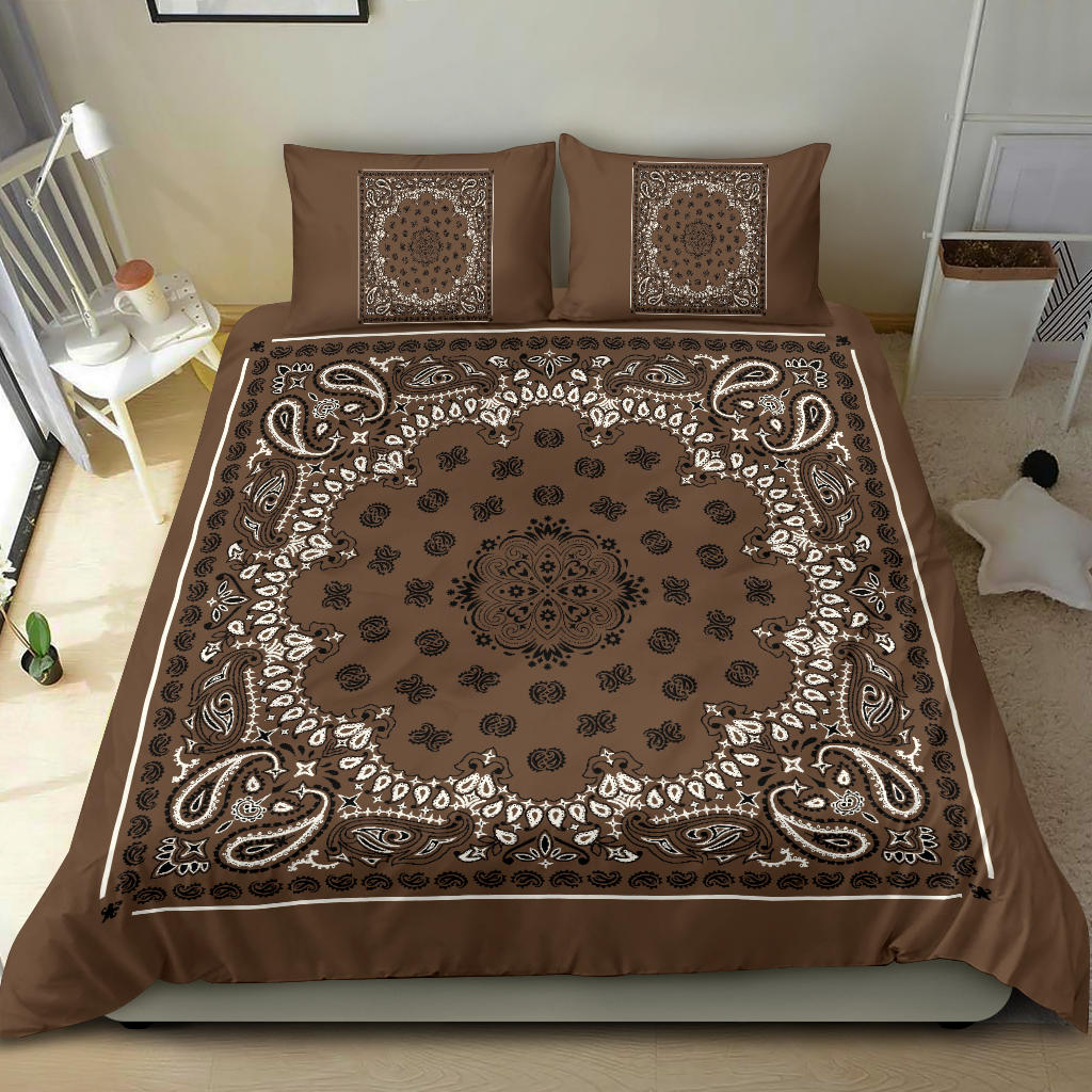 D4 Duvet Cover Set - Traditional Brown Bandana w Shams