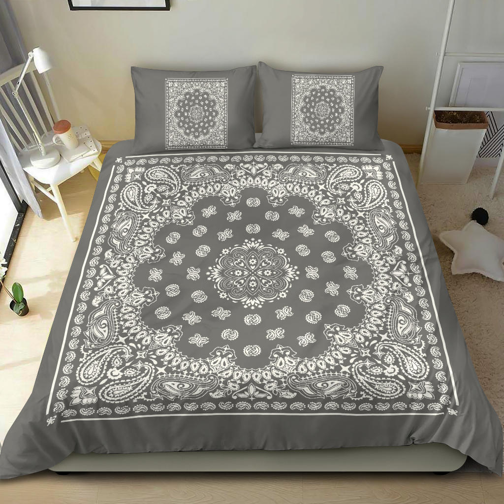 D4 Duvet Cover Set - Gray and White Bandana w Shams