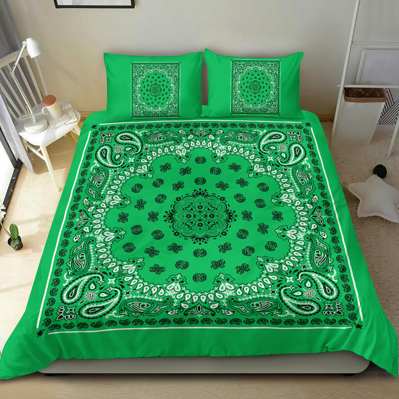 D4 Duvet Cover Set - Traditional Green Bandana w Shams