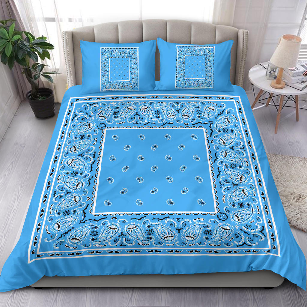 Duvet Cover Set - Lt Blue and Black Bandana