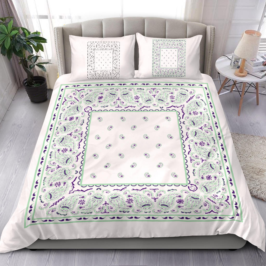 Duvet Cover Set  - White and Minty Green Bandana