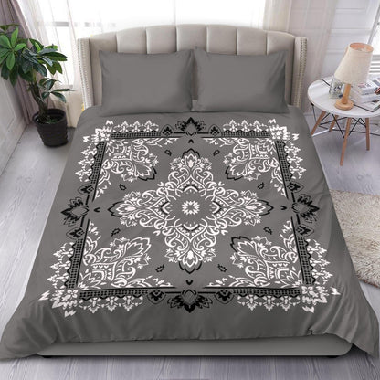 D2 Duvet Cover Set - Gray Black White Bandana w Shams