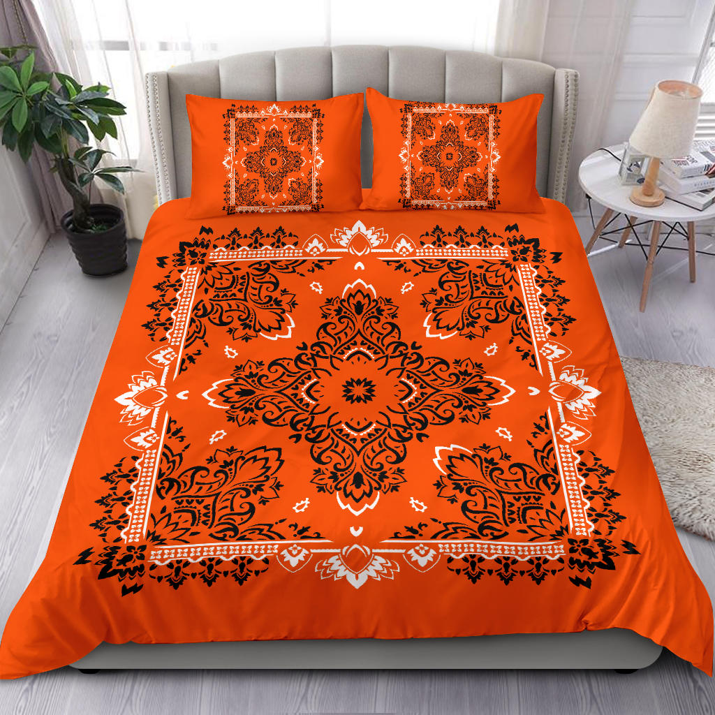 D2 Duvet Cover Set - Traditonal Bandana Bright Orange w Shams